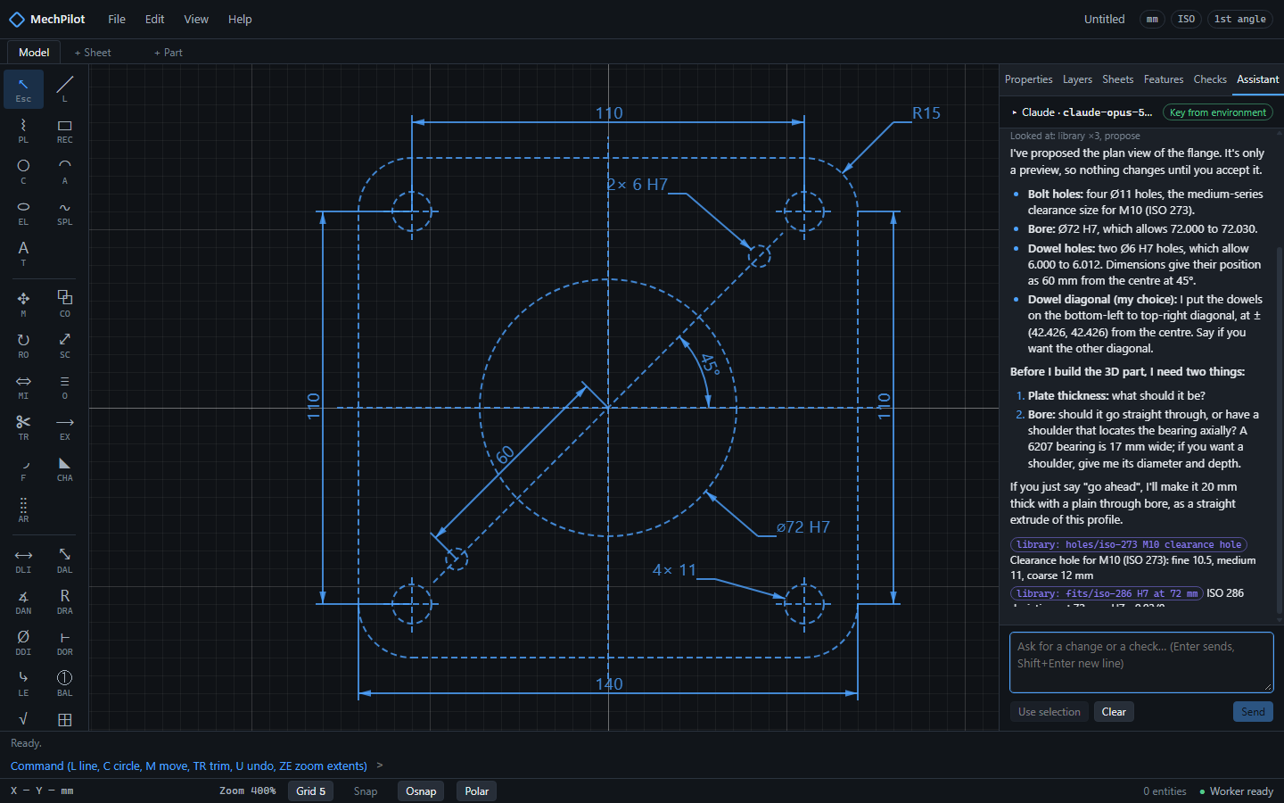 The proposal for the mounting plate in the Assistant tab: what it adds, the source of every number, and the preview on the drawing.