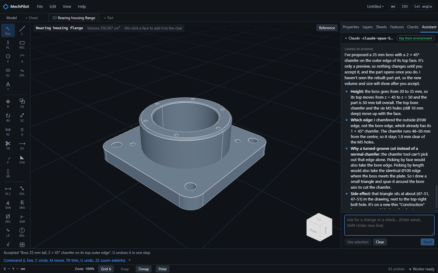 The top face of the boss picked with Alt+click as a reference in the chat, and the proposal for the chamfer.