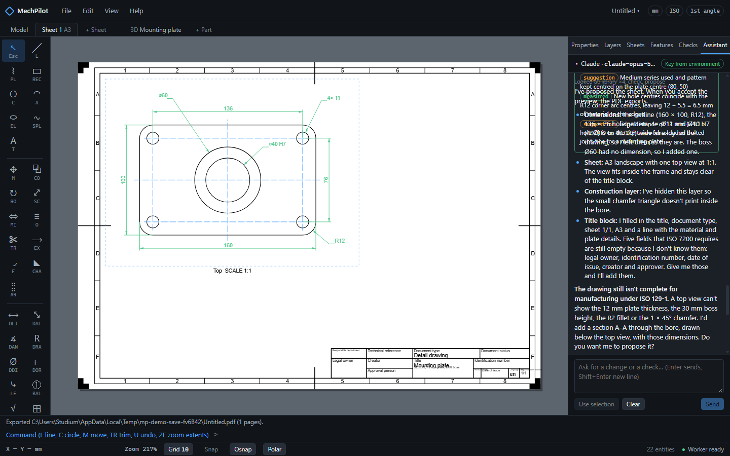 The plate dimensioned to ISO 129-1 on an A3 sheet at 1:1 with the title block filled in.