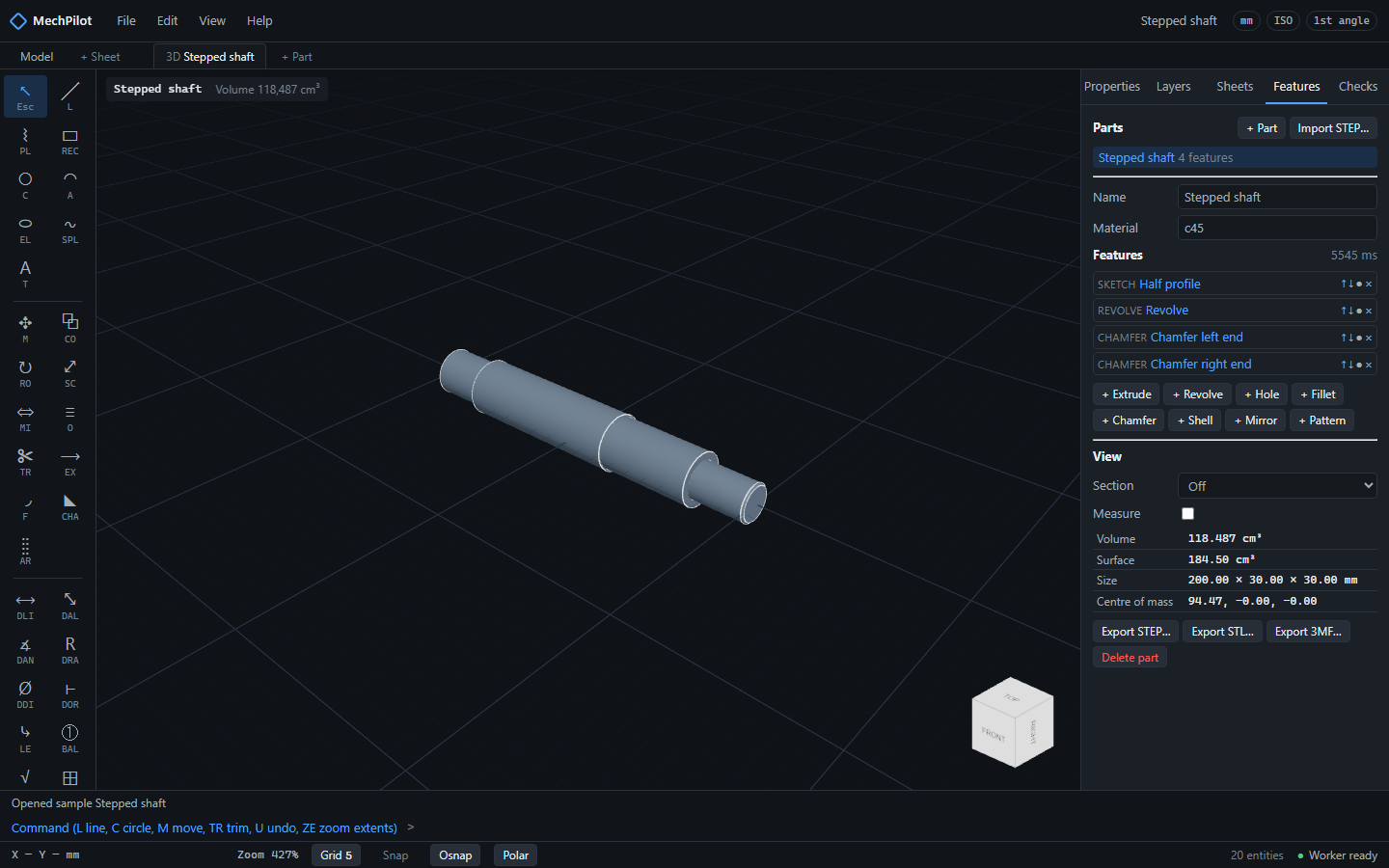 The stepped shaft sample in the 3D tab: its half profile revolved and chamfered by the feature tree in the Features tab, with volume, size and centre of mass measured on the body.