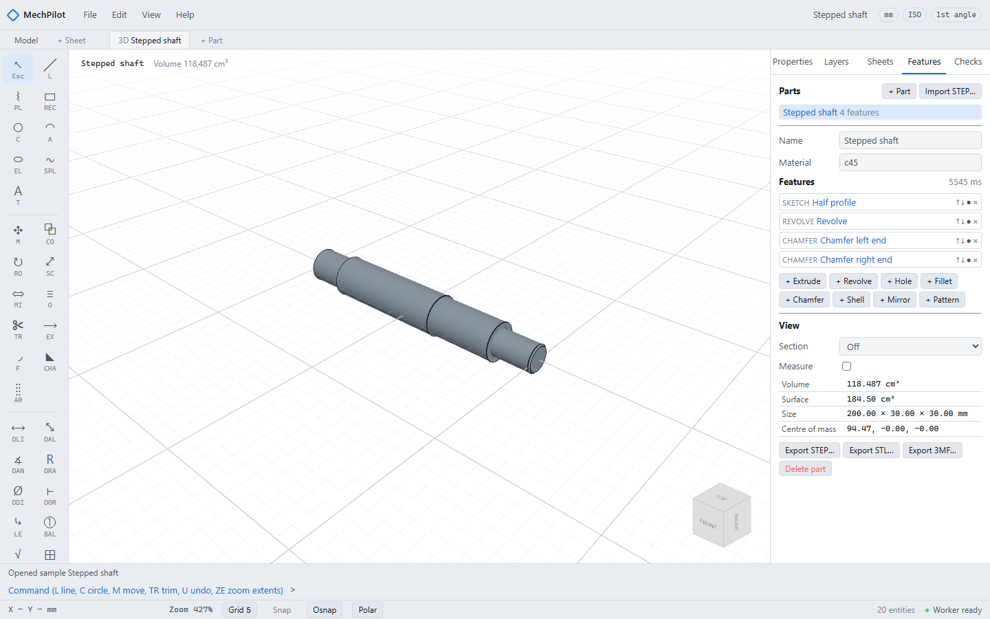 The stepped shaft sample in the 3D tab: its half profile revolved and chamfered by the feature tree in the Features tab, with volume, size and centre of mass measured on the body. (Light theme.)