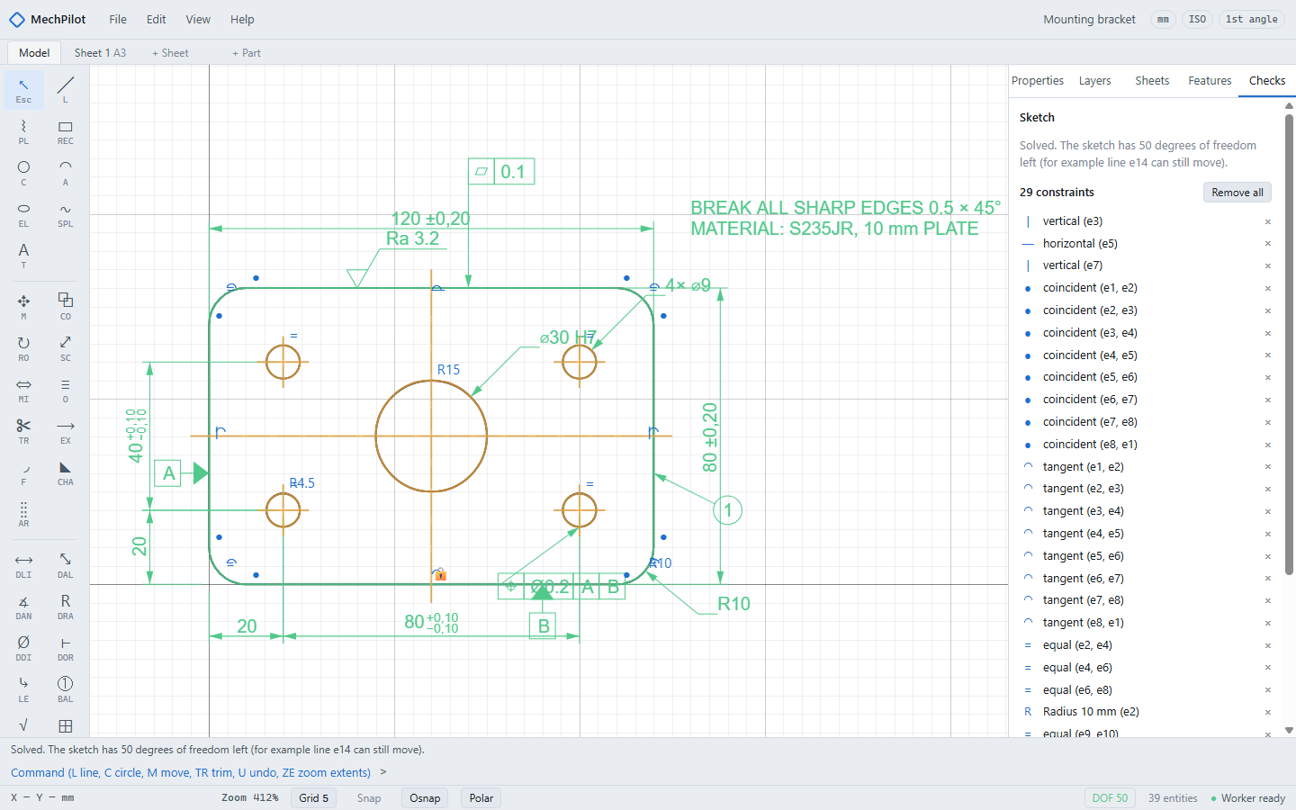 The sketch solved by its constraints: fully constrained entities in green, the constraint list in the Checks tab, the degrees of freedom left in the status bar. (Light theme.)